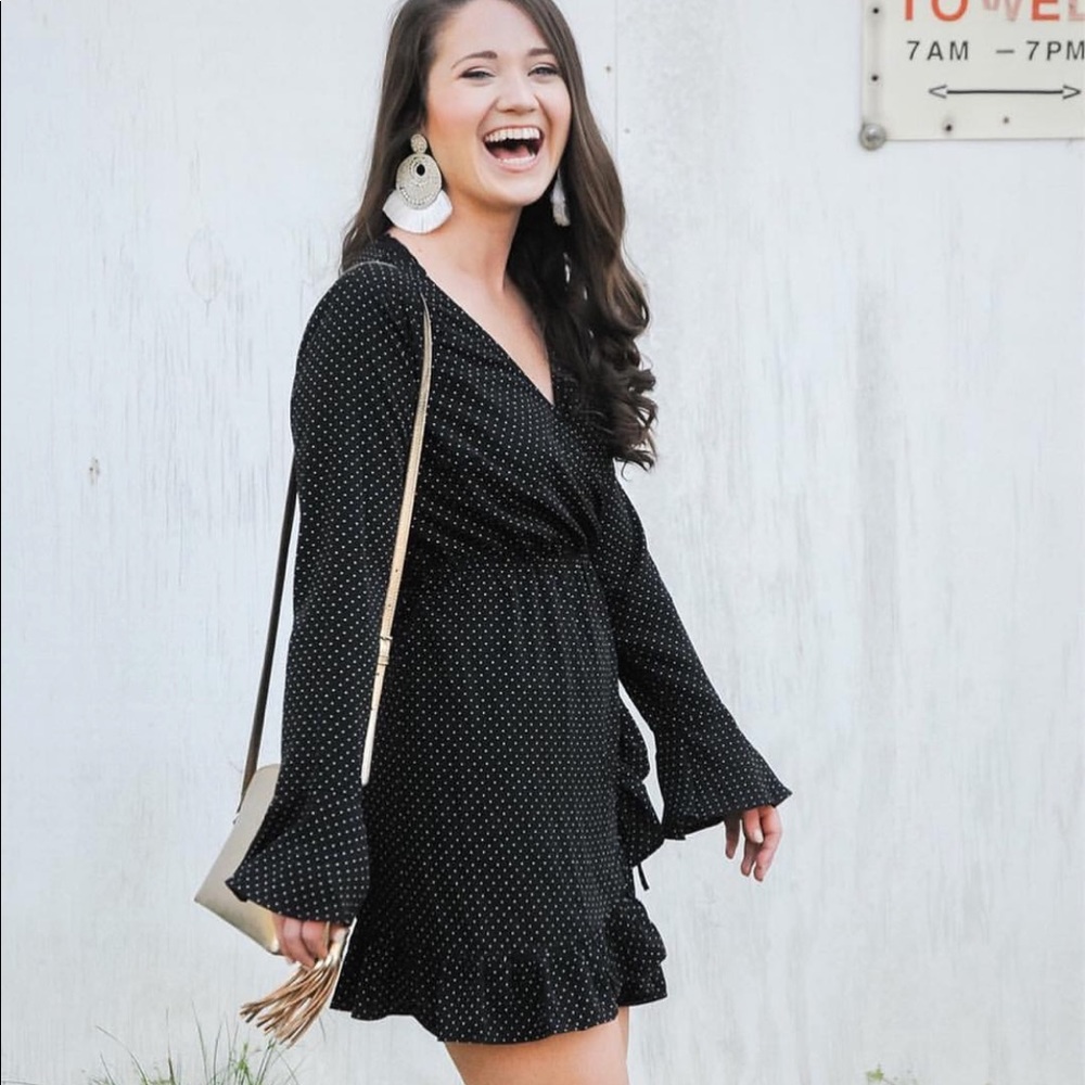 Black and white polka dot wrap dress